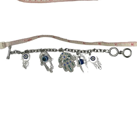 Hamsa Hand Of Fatima Silver Blue Charm Bracelet Evil Eye Protection Silver Tone - Picture 4 of 4